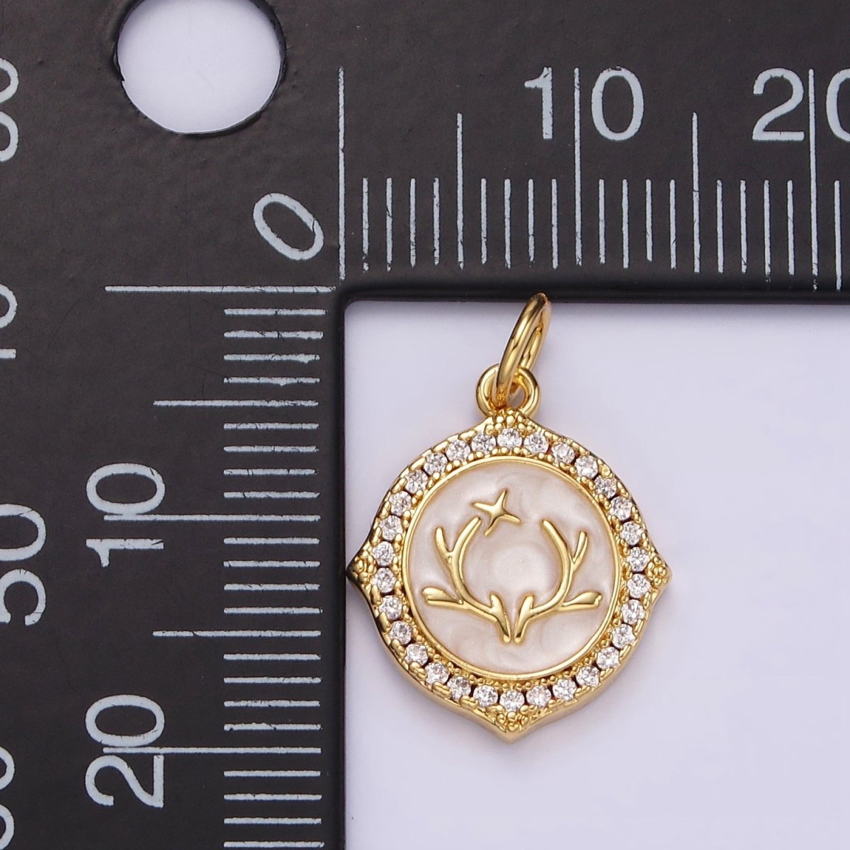 14K Gold Filled Antler Leaf Star Glitter White Enamel Clear CZ Micro Paved Round Charm in Gold & Silver | N1167 N1168 - DLUXCA