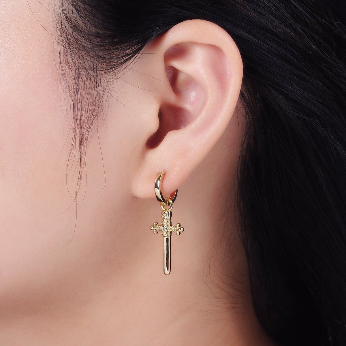 14K Gold Filled Artisan Fleury Cross Sword CZ Drop Huggie Earrings | AE934 - DLUXCA