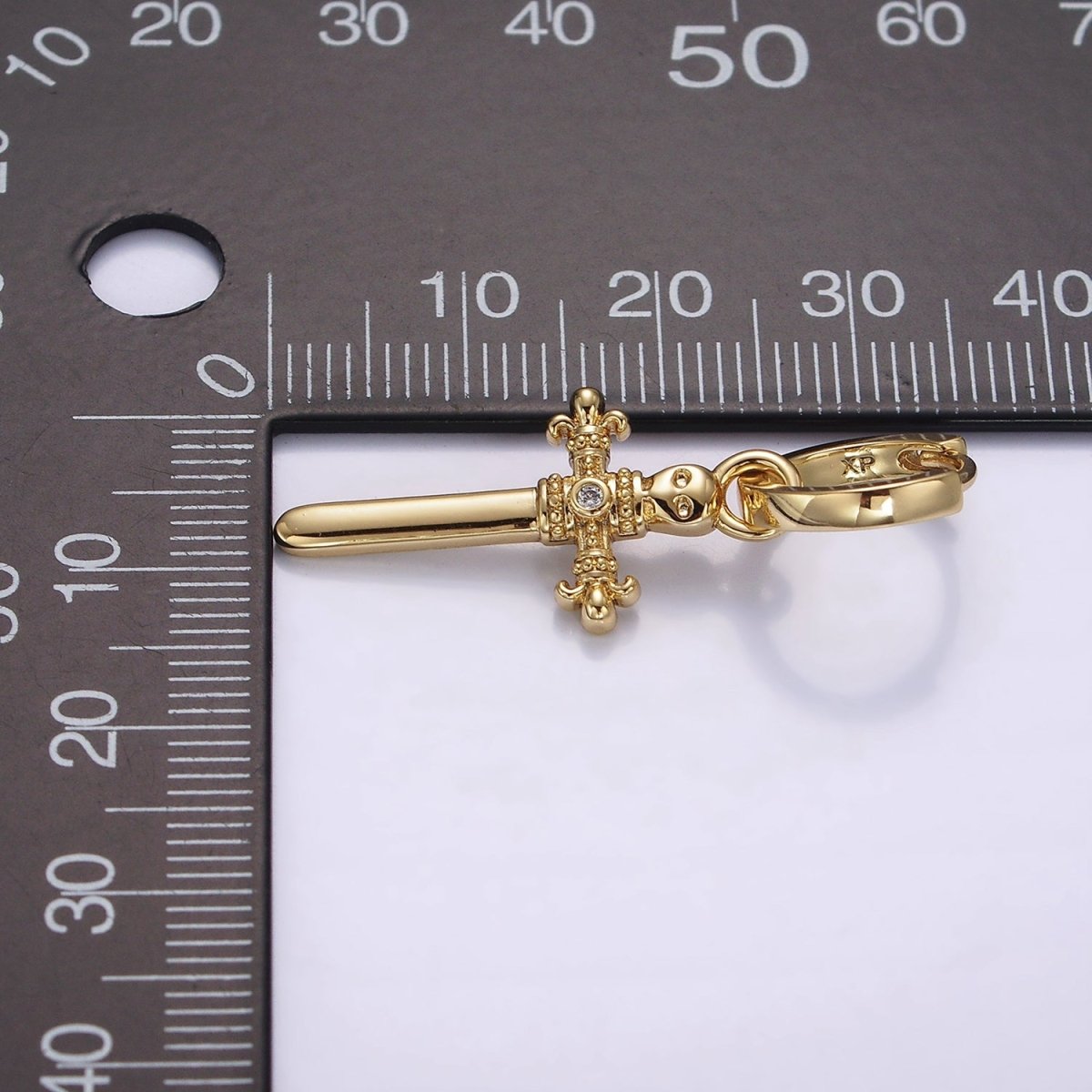 14K Gold Filled Artisan Fleury Cross Sword CZ Drop Huggie Earrings | AE934 - DLUXCA