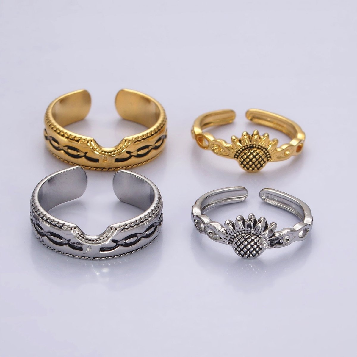 14K Gold Filled Artisan Sunflower Nature Band Ring Set in Silver & Gold | O1064 O1065 - DLUXCA