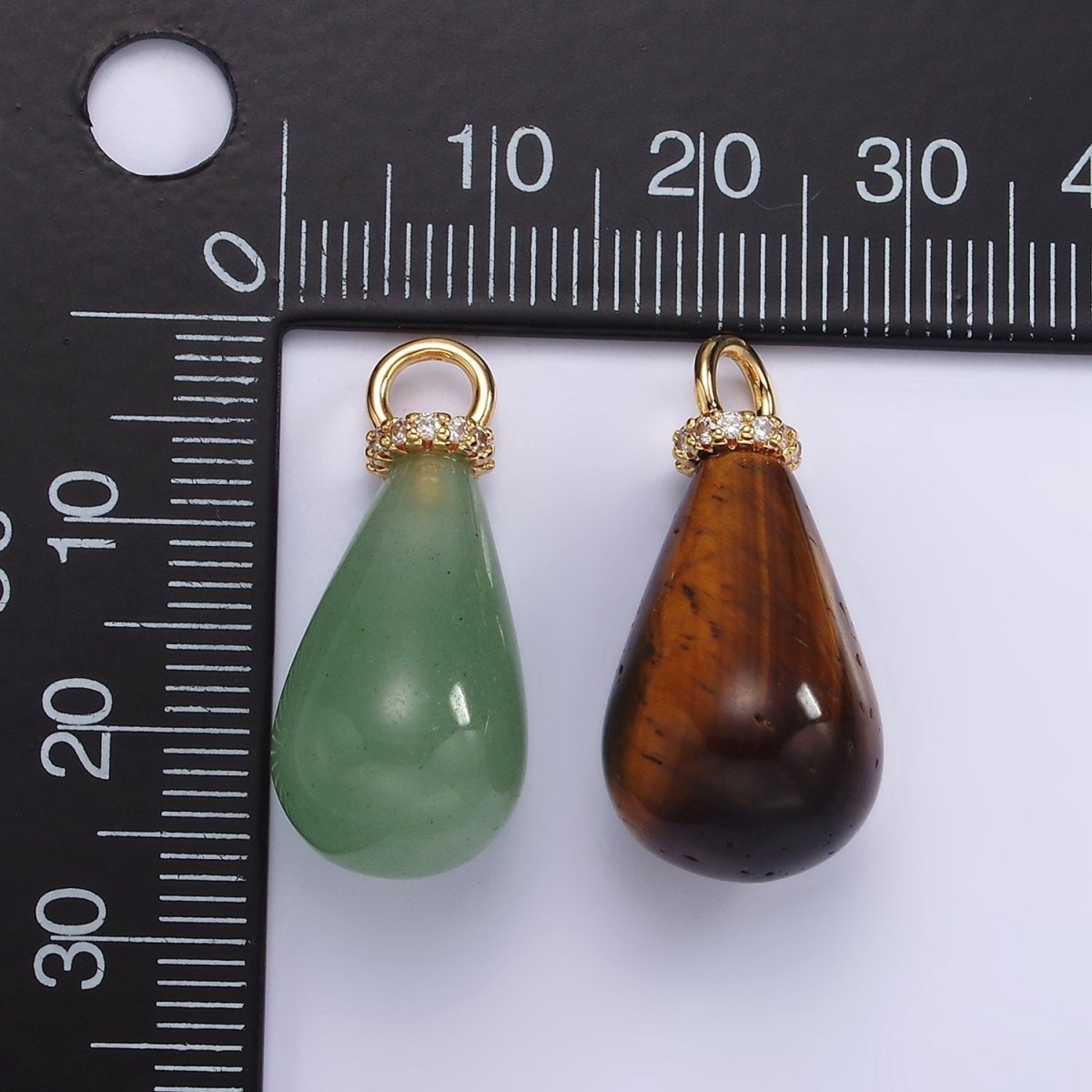 14K Gold Filled Aventurine, Tiger Eye, Rose Quartz Teardrop Drop Micro Paved CZ Charm | AC928 - AC930 - DLUXCA