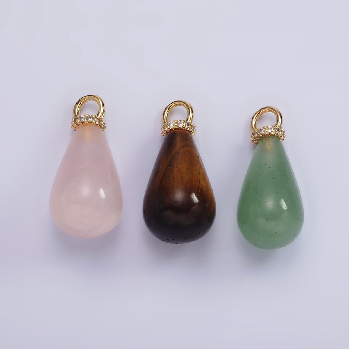 14K Gold Filled Aventurine, Tiger Eye, Rose Quartz Teardrop Drop Micro Paved CZ Charm | AC928 - AC930 - DLUXCA