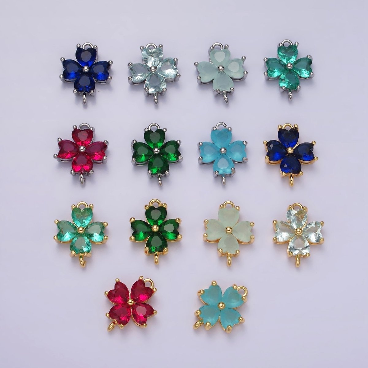 14K Gold Filled Baby Blue, Teal, Blue, Mint, Green, Dark Blue, Fuchsia CZ Heart Petal Flower Connector in Gold & Silver | G-203 - G-216 - DLUXCA