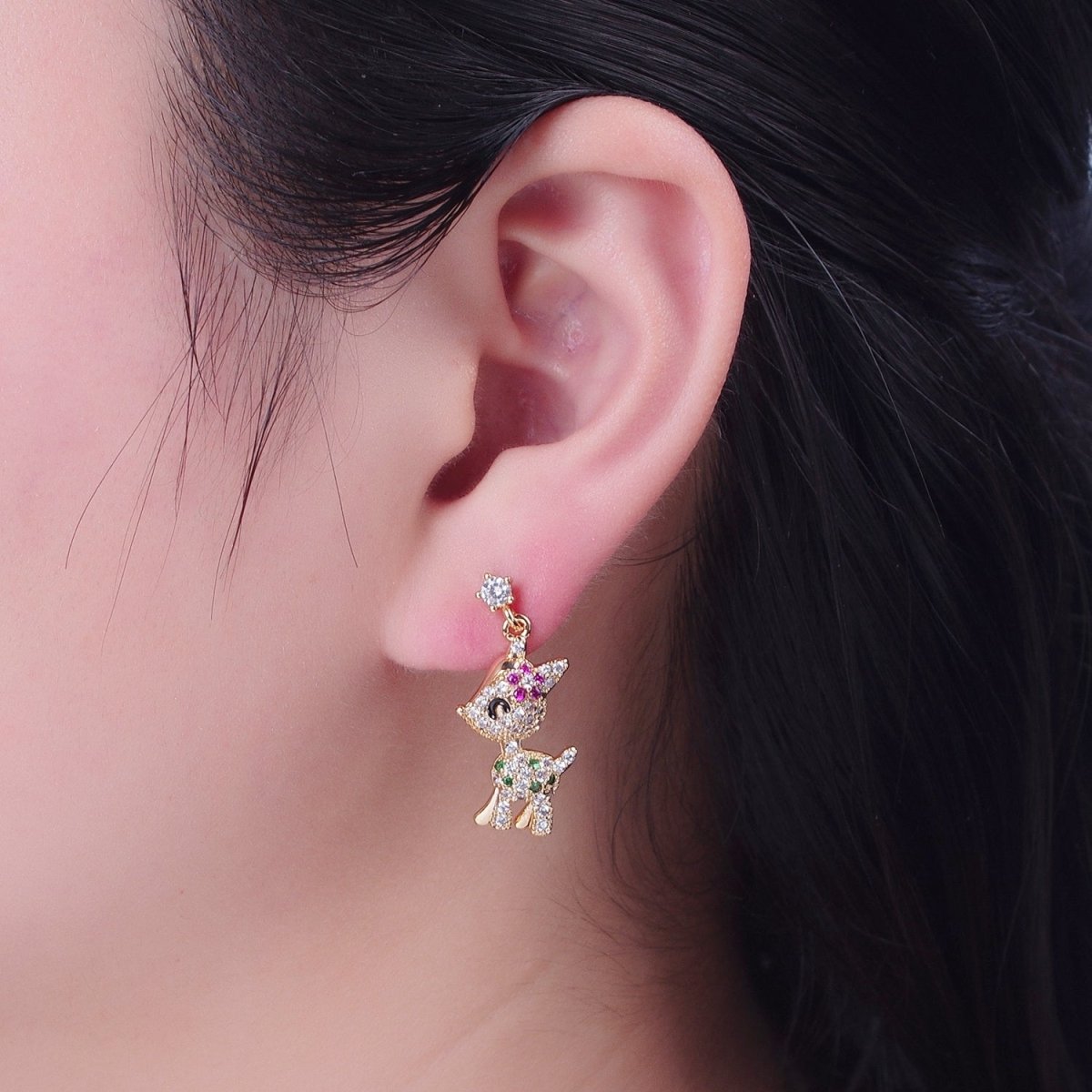 14K Gold Filled Baby Woodland Reindeer Multicolor Micro Paved CZ Stud Earrings | P-319 - DLUXCA
