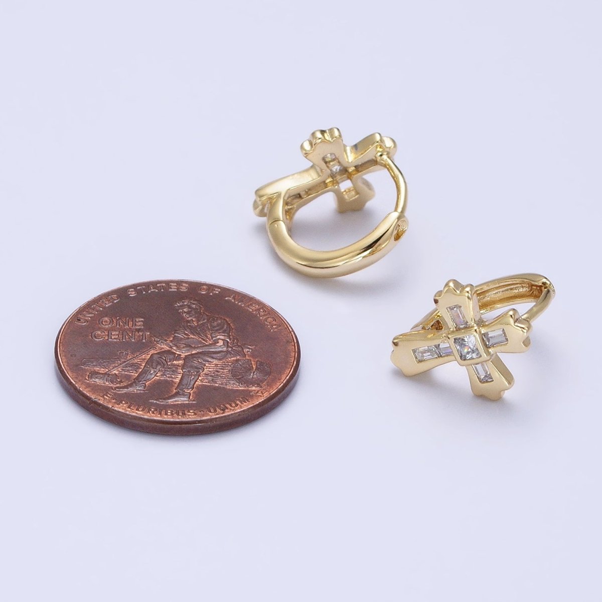 14K Gold Filled Baguette CZ Fleury Cross Religious Cartilage Huggie Earrings | AD1465 - DLUXCA