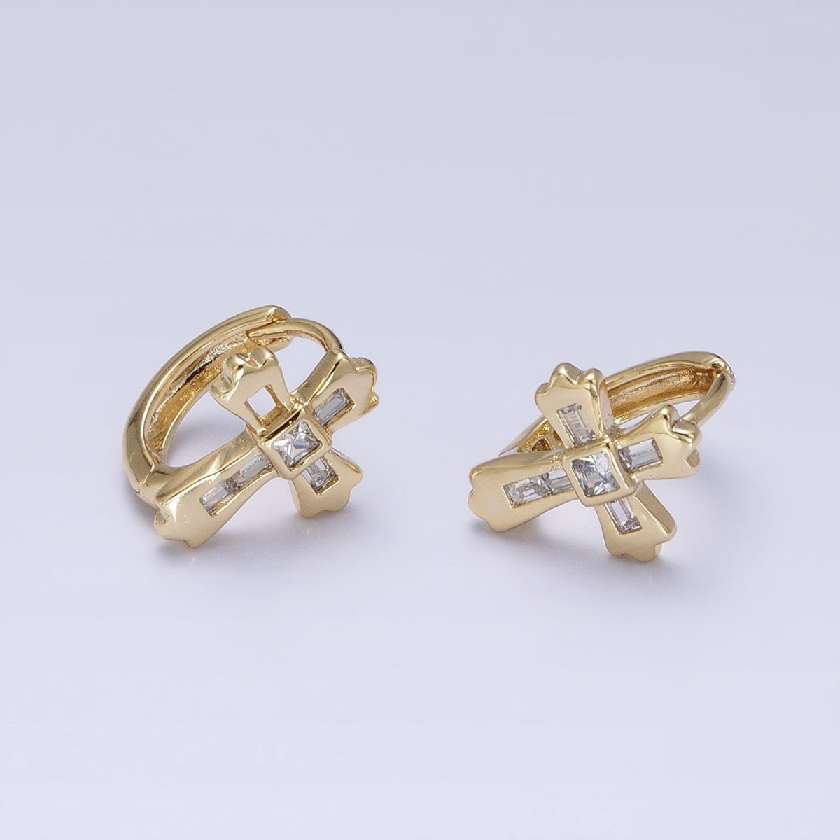 14K Gold Filled Baguette CZ Fleury Cross Religious Cartilage Huggie Earrings | AD1465 - DLUXCA