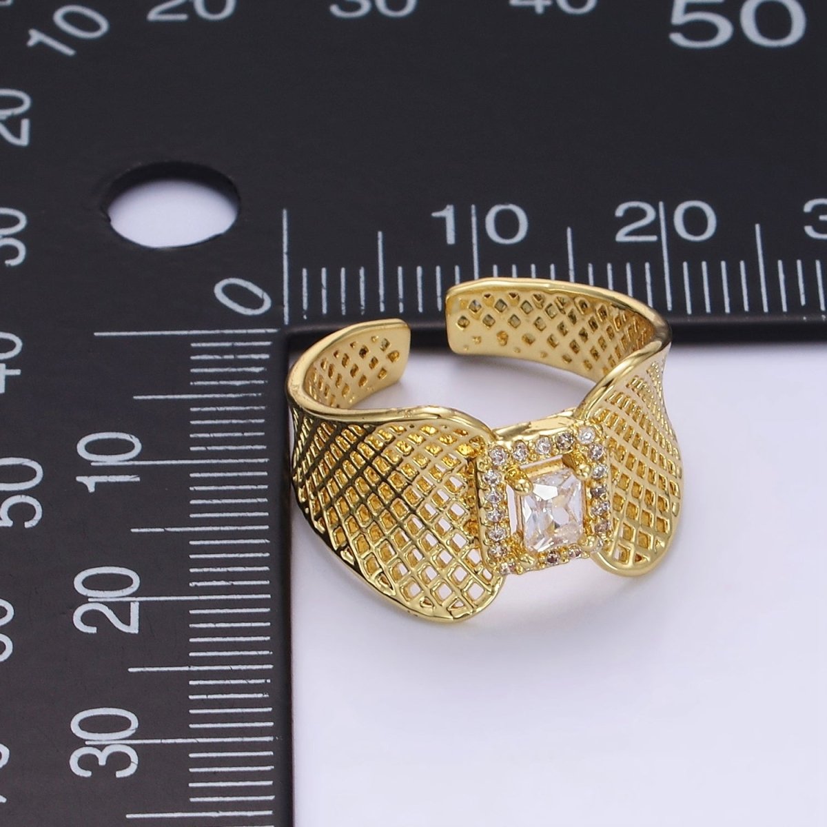 14K Gold Filled Baguette CZ Micro Paved Rhombus Filigree Wide Ring | O1353 - DLUXCA
