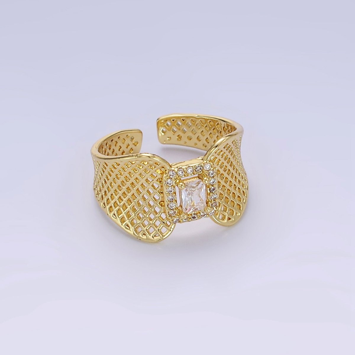 14K Gold Filled Baguette CZ Micro Paved Rhombus Filigree Wide Ring | O1353 - DLUXCA