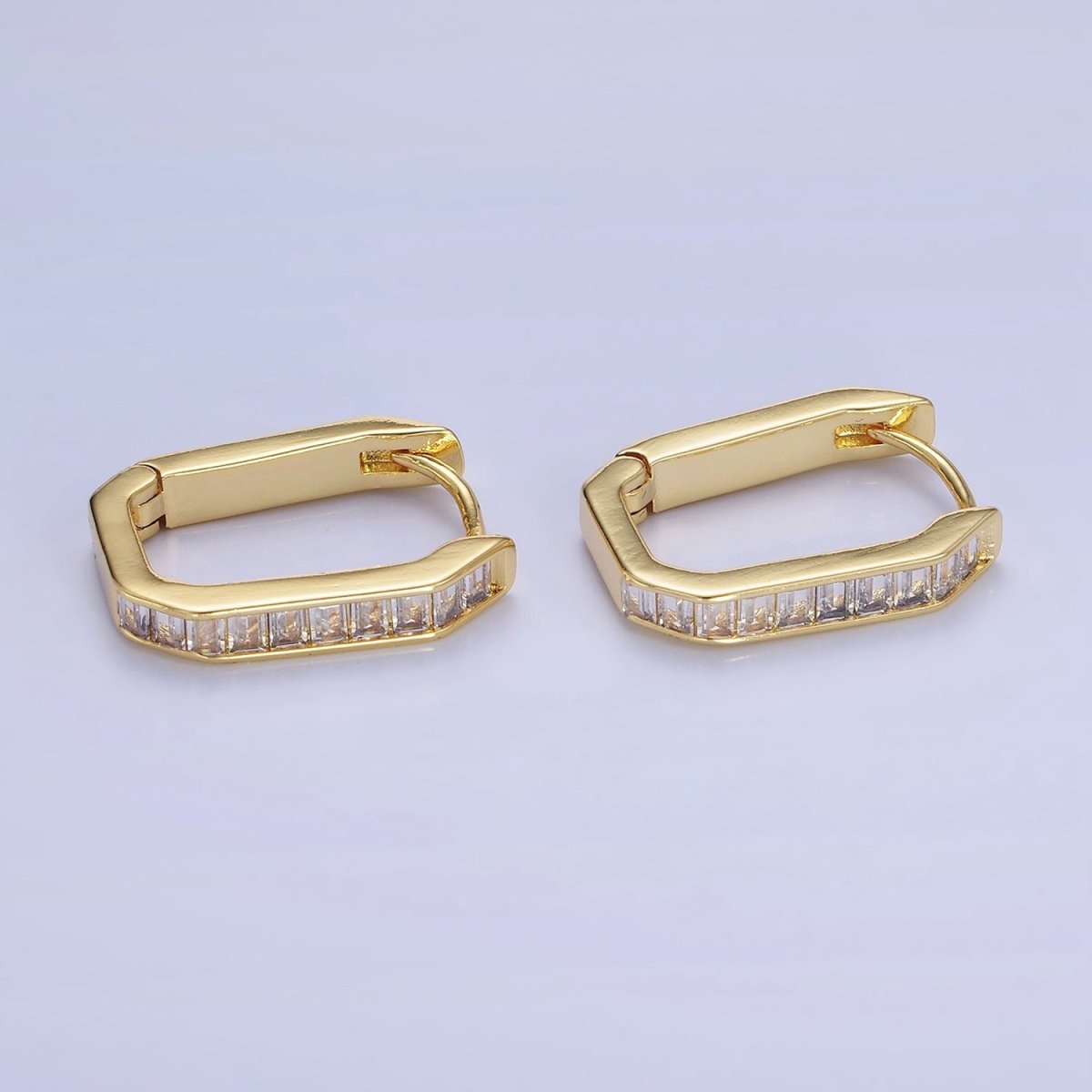 14K Gold Filled Baguette Lined Edged Oblong Hoop Earrings in Gold & Silver | P466 P467 - DLUXCA