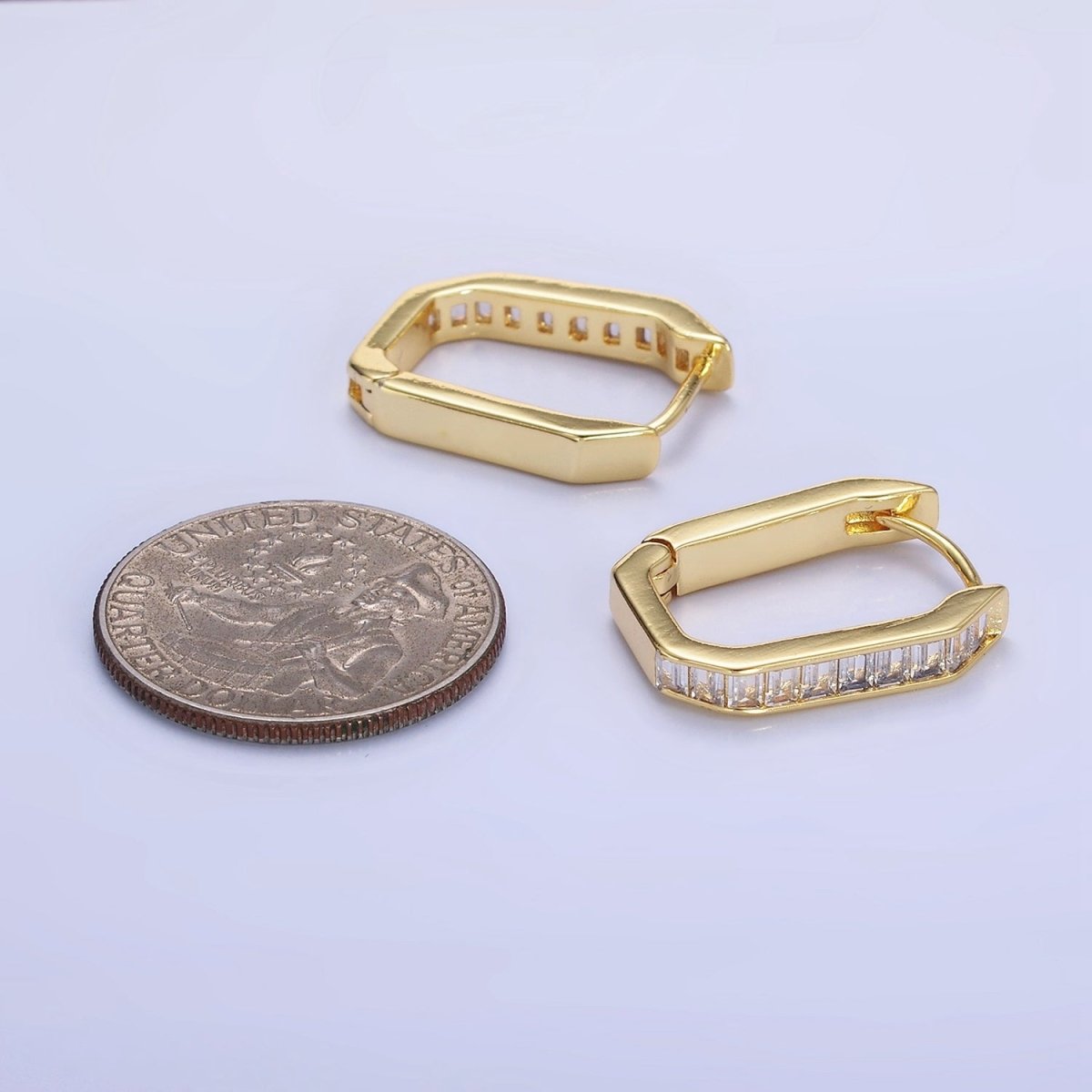 14K Gold Filled Baguette Lined Edged Oblong Hoop Earrings in Gold & Silver | P466 P467 - DLUXCA
