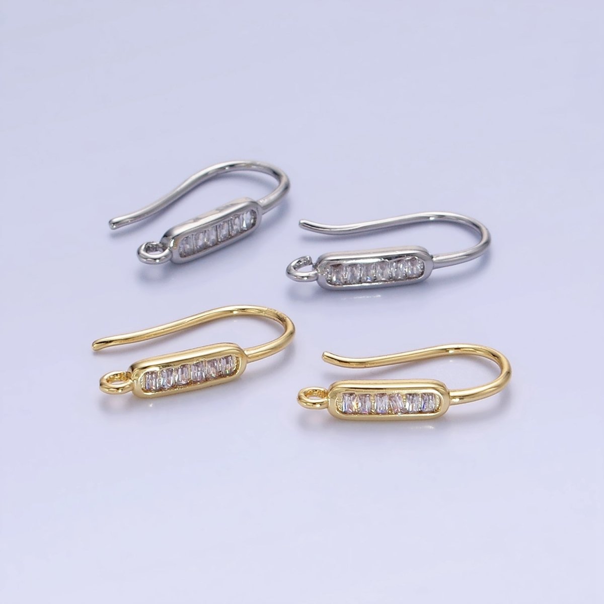 14K Gold Filled Baguette Lined Fish Hook Earrings Findings in Gold & Silver | Z747 Z748 - DLUXCA