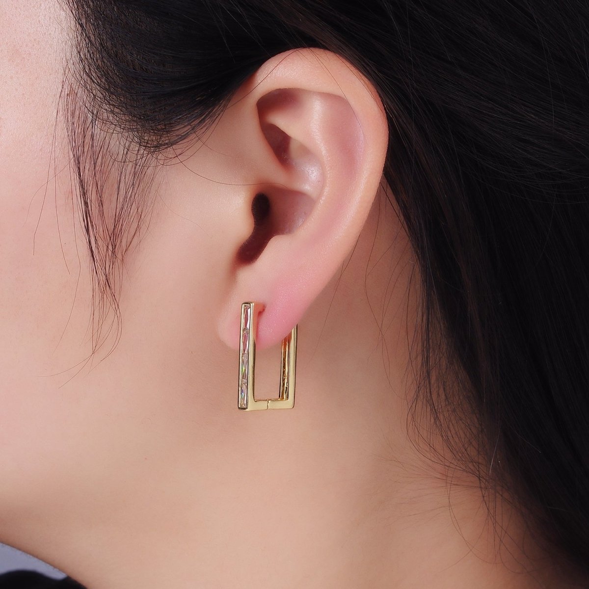 14K Gold Filled Baguette Lined Square Hoop Earrings | AE521 - DLUXCA