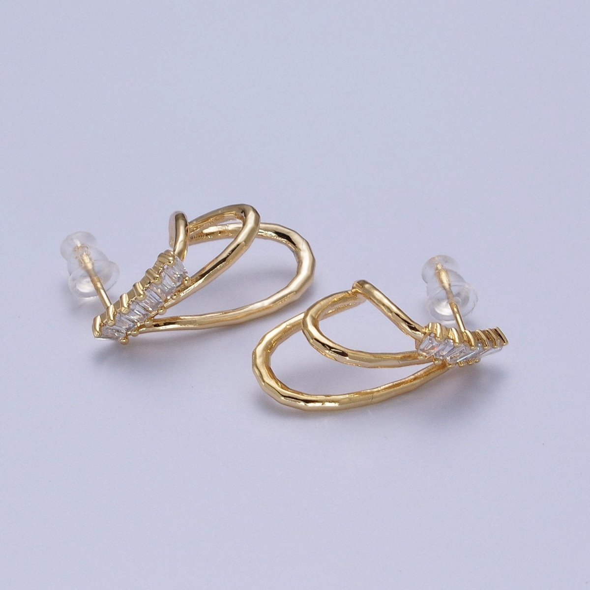 14K Gold Filled Baguette Lined Triple Band J-Shaped Stud Earrings Set | AE537 - DLUXCA