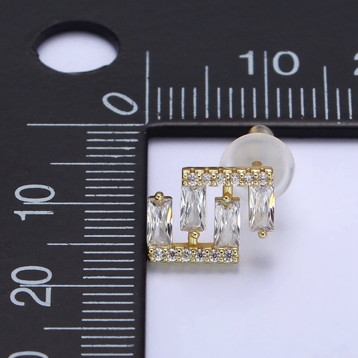 14K Gold Filled Baguette Micro Paved Geometric Bar Lined Dainty Stud Earrings | AB163 - DLUXCA