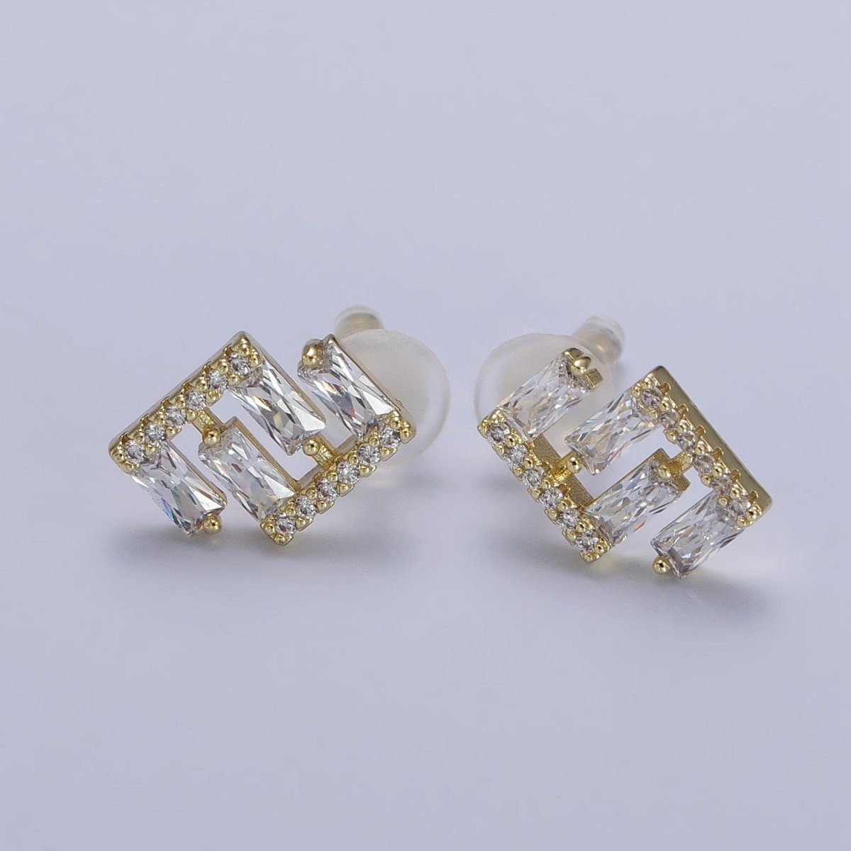 14K Gold Filled Baguette Micro Paved Geometric Bar Lined Dainty Stud Earrings | AB163 - DLUXCA