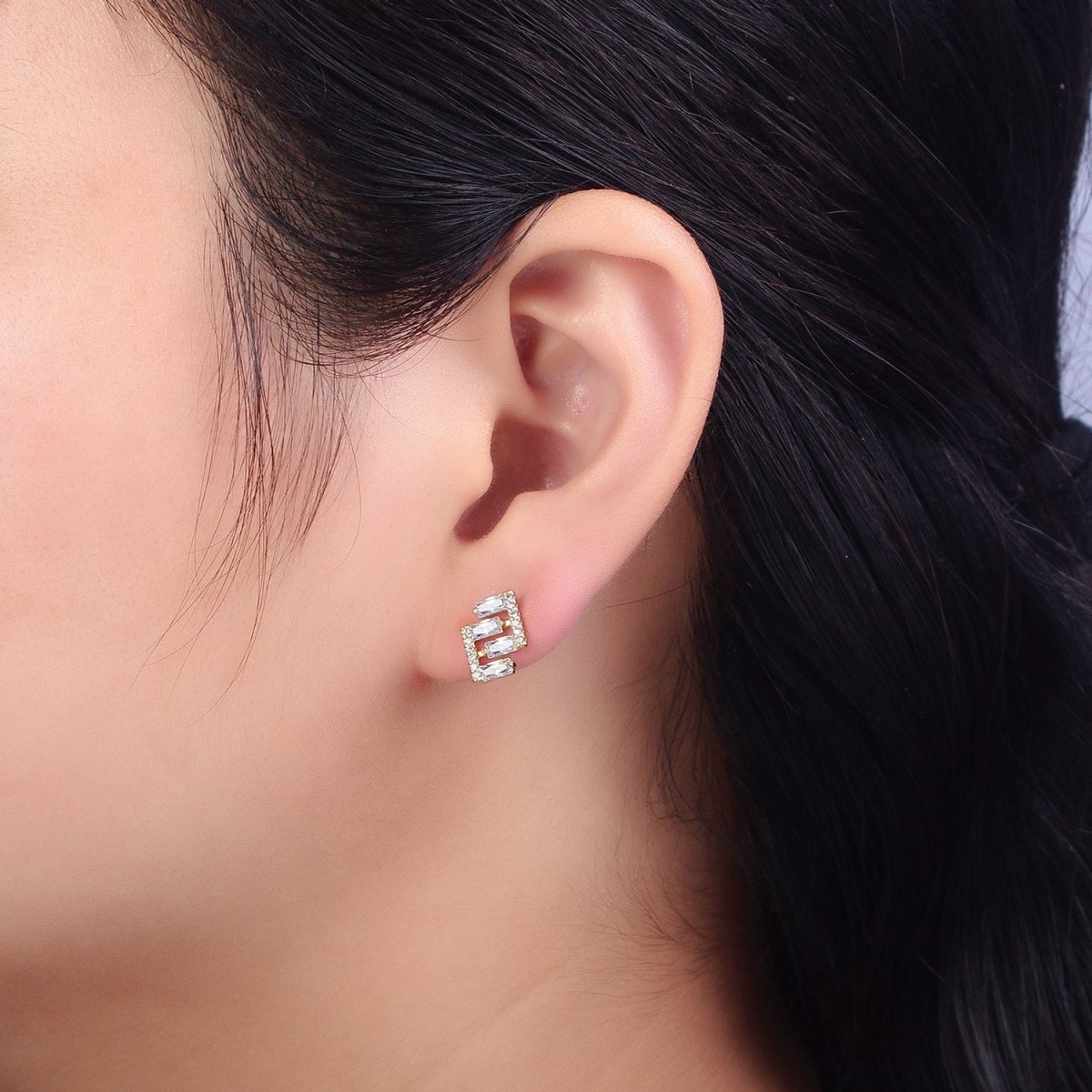 14K Gold Filled Baguette Micro Paved Geometric Bar Lined Dainty Stud Earrings | AB163 - DLUXCA