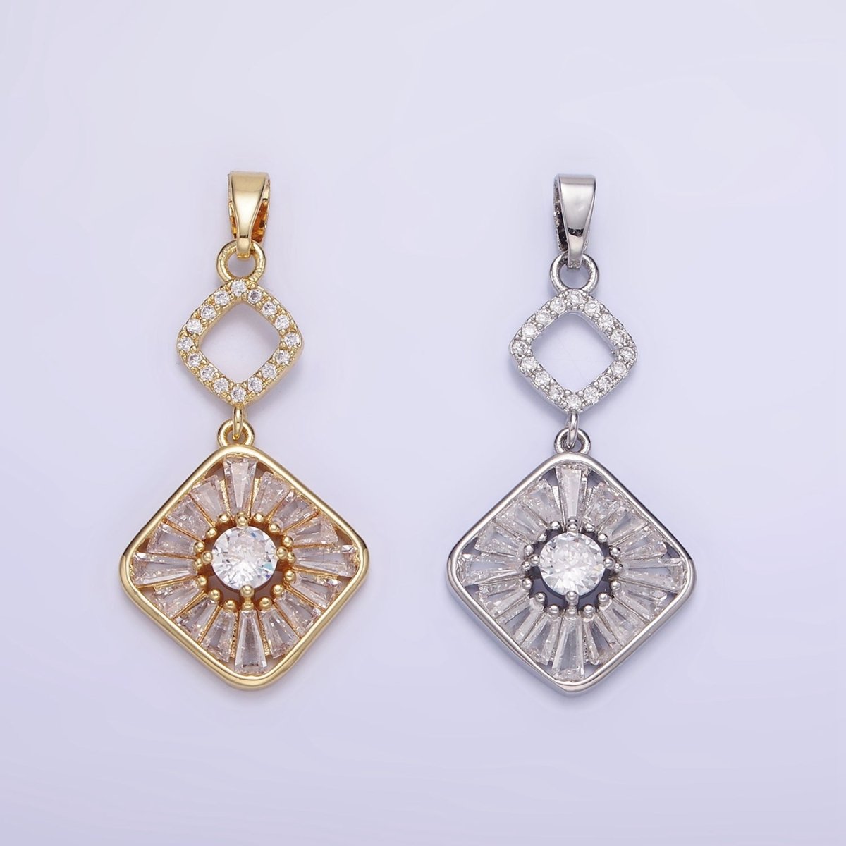 14K Gold Filled Baguette Open Rhombus Double Drop Pendant in Gold & Silver | AA1160 - DLUXCA