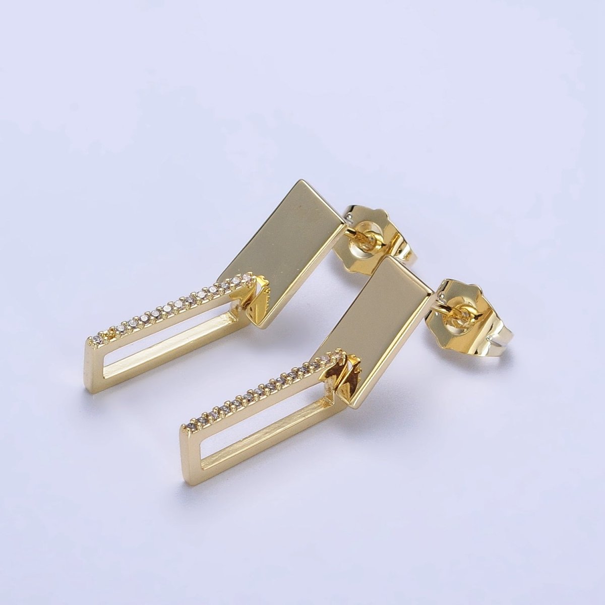 14K Gold Filled Bar Rectangle Micro Paved CZ Drop Dangle Stud Earrings | AB264 - DLUXCA