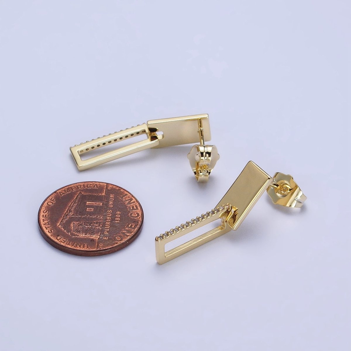 14K Gold Filled Bar Rectangle Micro Paved CZ Drop Dangle Stud Earrings | AB264 - DLUXCA