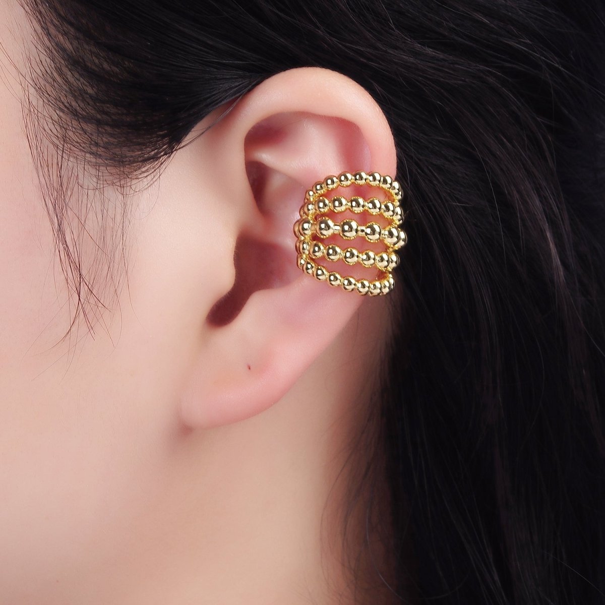 14K Gold Filled Beaded Bubble Multiple Band Wide Ear Cuff Earrings | AI156 - DLUXCA