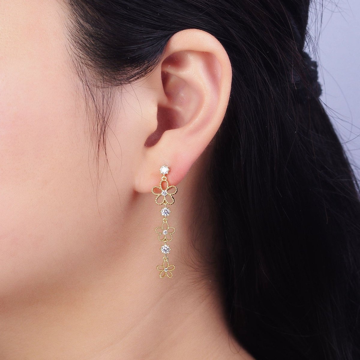 14K Gold Filled Beaded Flower Clear CZ Linear Drop Stud Earrings Set | AD1467 - DLUXCA