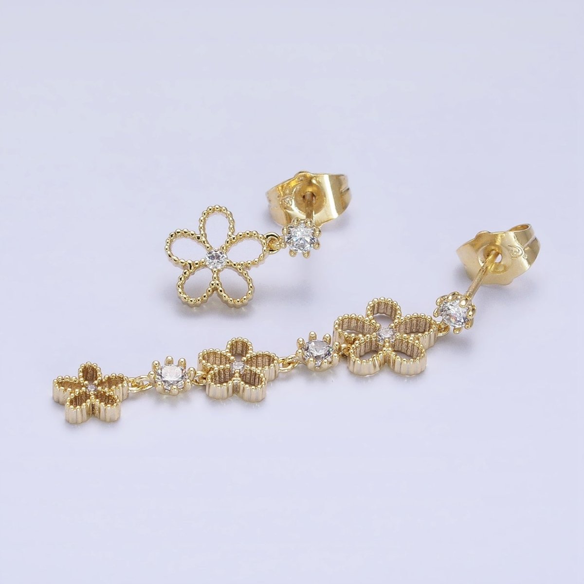 14K Gold Filled Beaded Flower Clear CZ Linear Drop Stud Earrings Set | AD1467 - DLUXCA