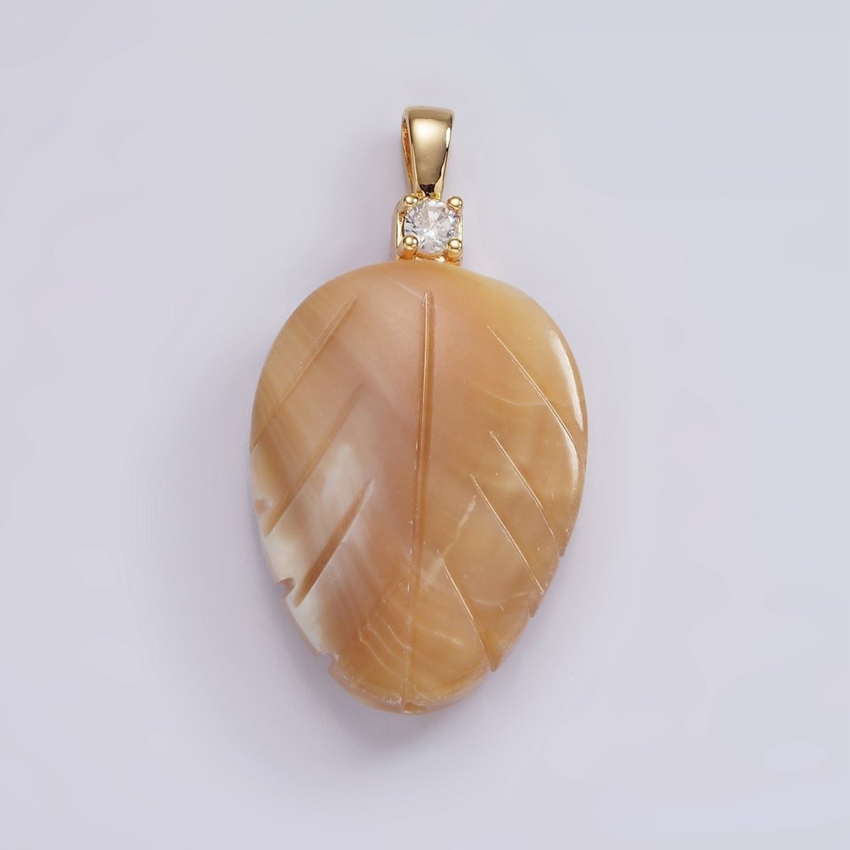 14K Gold Filled Beige Brown Leaf Feather Shell Pearl CZ Pendant | P1665 - DLUXCA