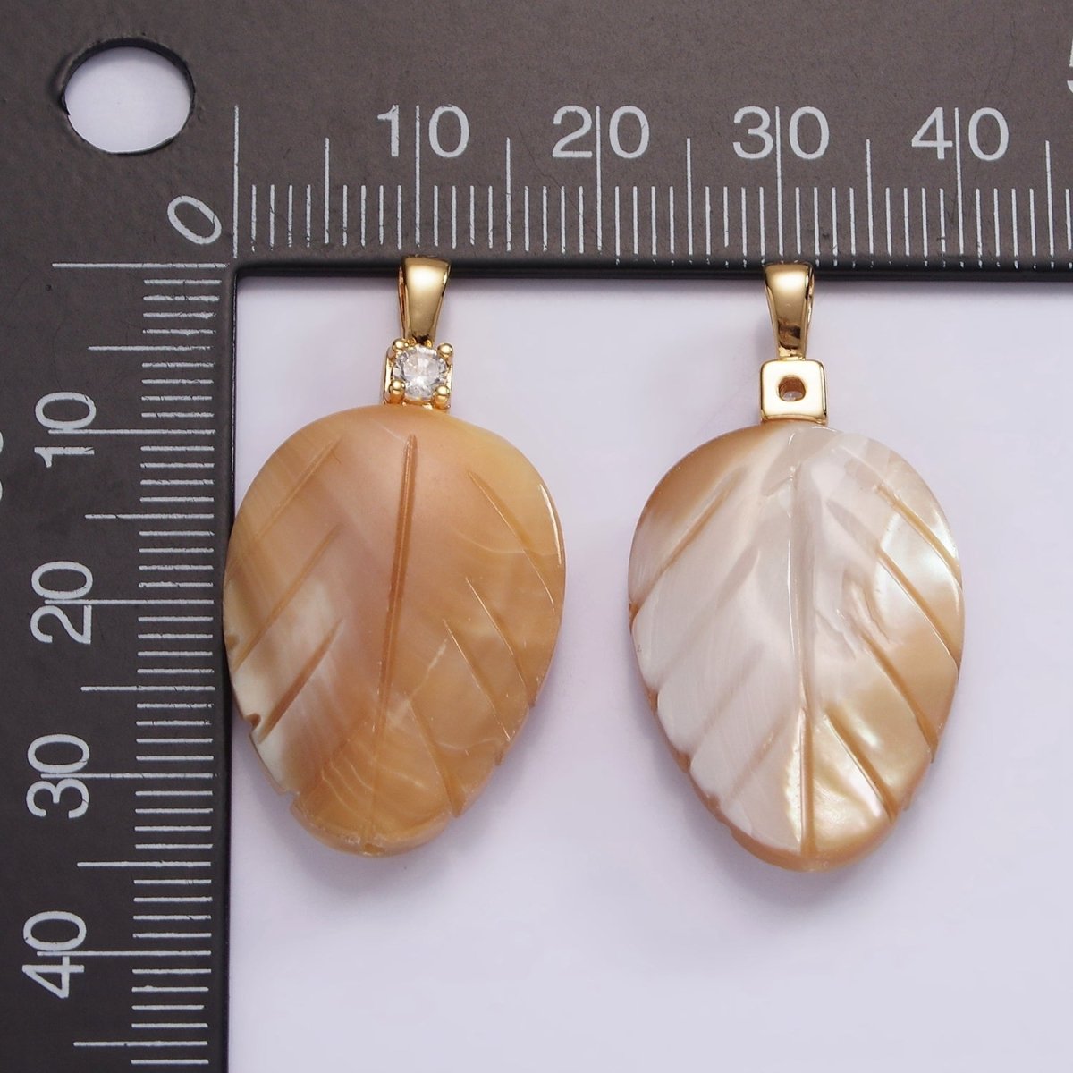 14K Gold Filled Beige Brown Leaf Feather Shell Pearl CZ Pendant | P1665 - DLUXCA