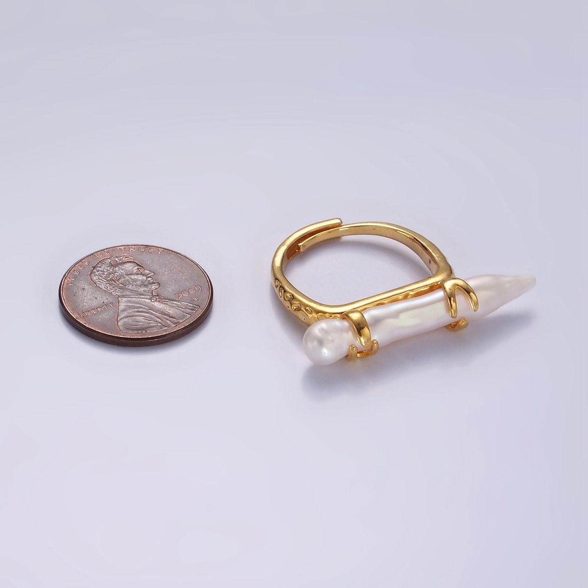 14K Gold Filled Biwa Long Freshwater Pearl Dented Signet Adjustable Ring | O1062 - DLUXCA