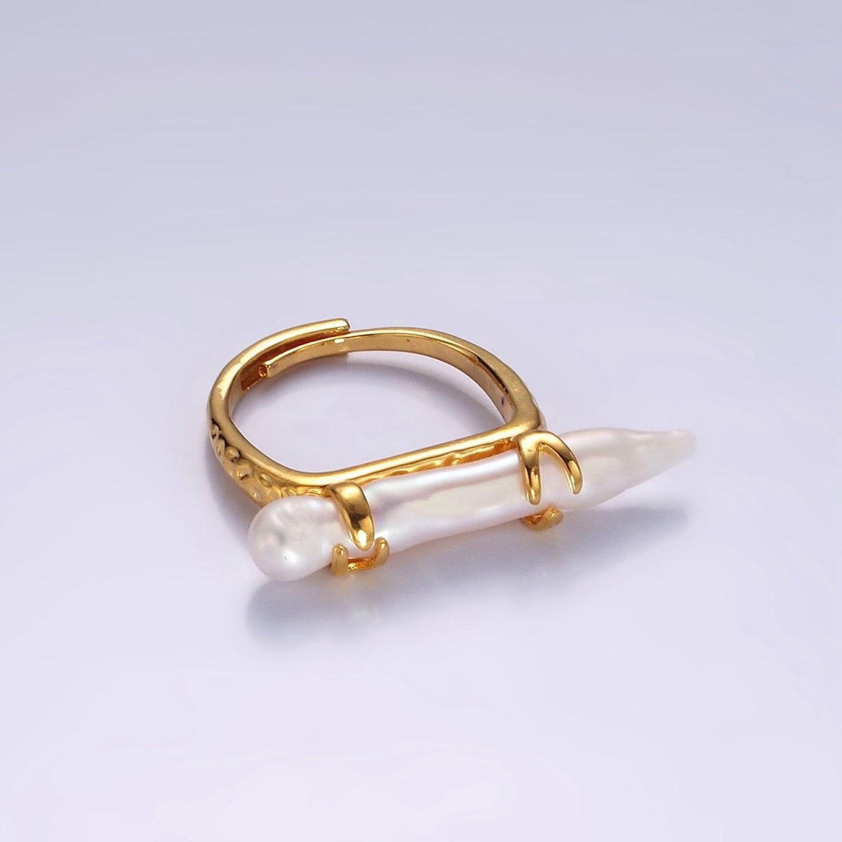 14K Gold Filled Biwa Long Freshwater Pearl Dented Signet Adjustable Ring | O1062 - DLUXCA