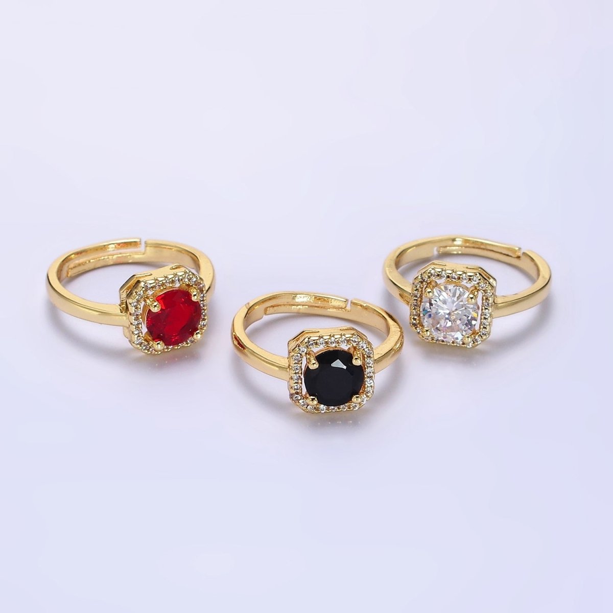 14K Gold Filled Black, Clear, Red CZ Micro Paved Octagonal Solitaire Adjustable Ring | O-601 O-602 O-641 - DLUXCA
