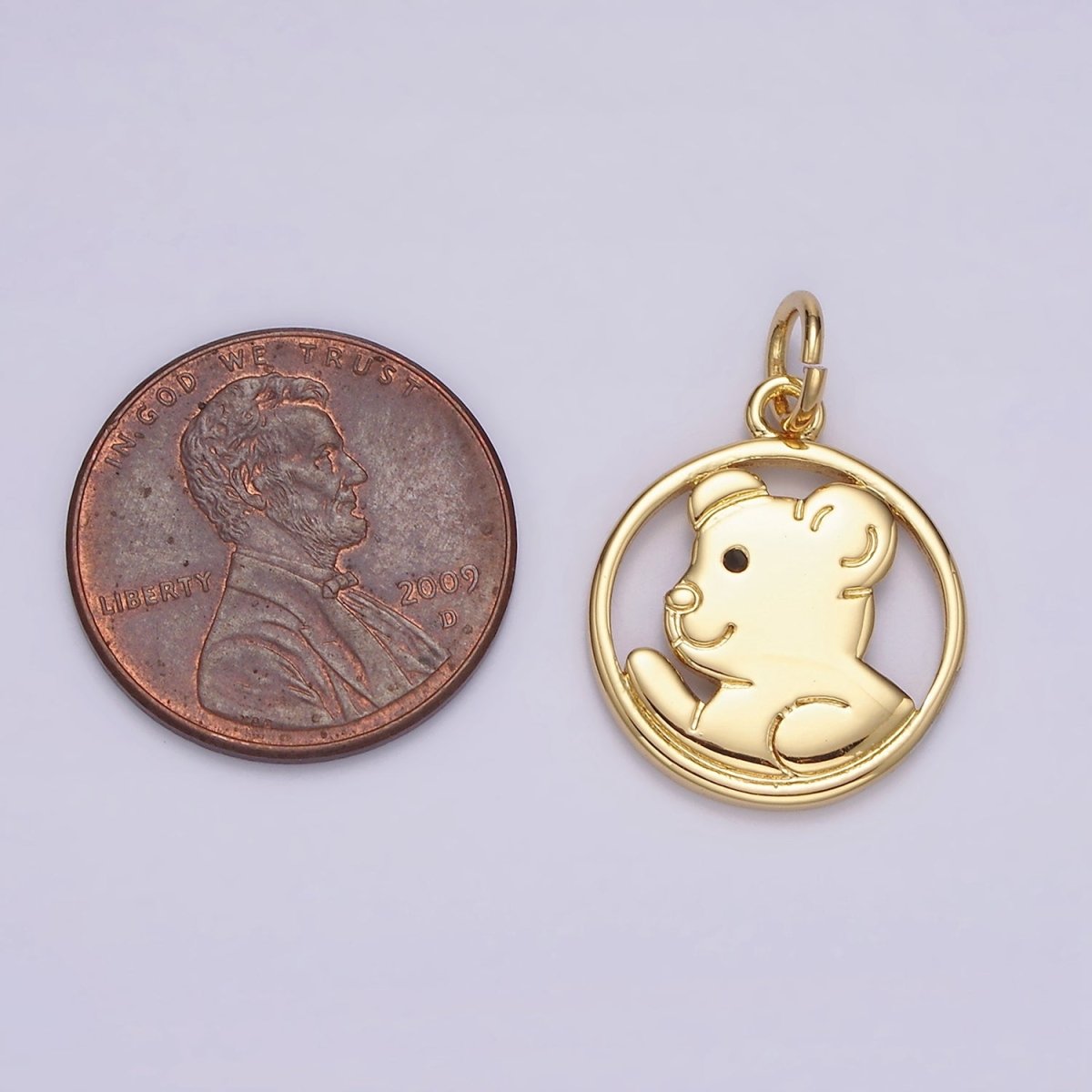 14K Gold Filled Black-Eyed Teddy Bear Animal Open Round Charm | N1599 - DLUXCA