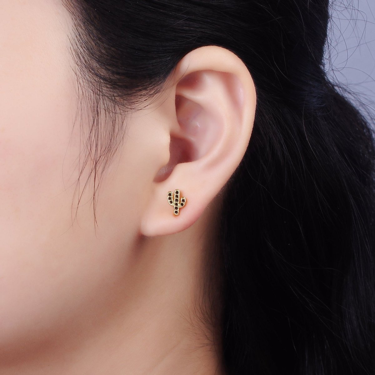 14K Gold Filled Black Micro Paved CZ Cactus Plant Nature Stud Earrings | AE904 - DLUXCA
