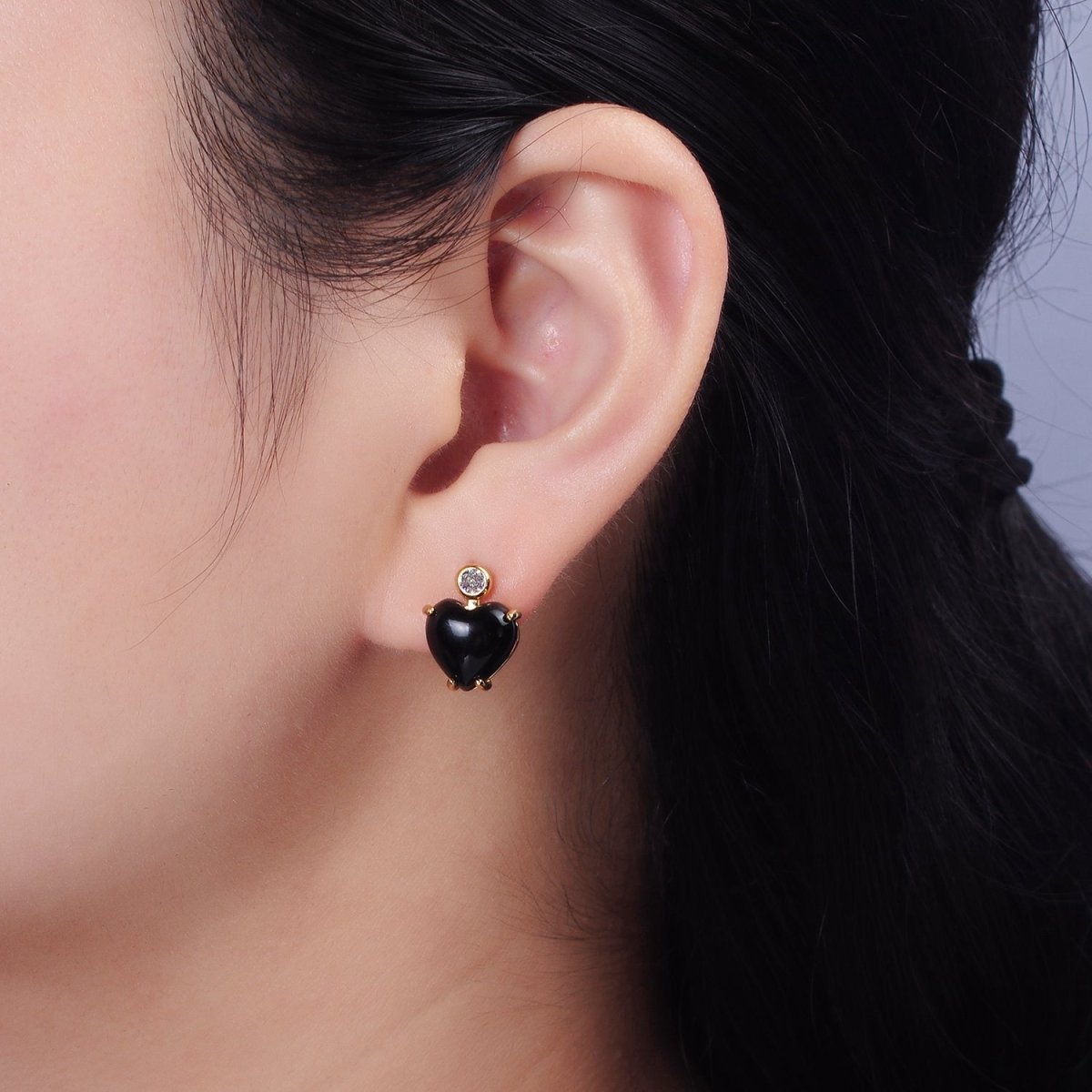 14K Gold Filled Black Onyx Heart Clear CZ Drop Stud Earrings | AE983 - DLUXCA
