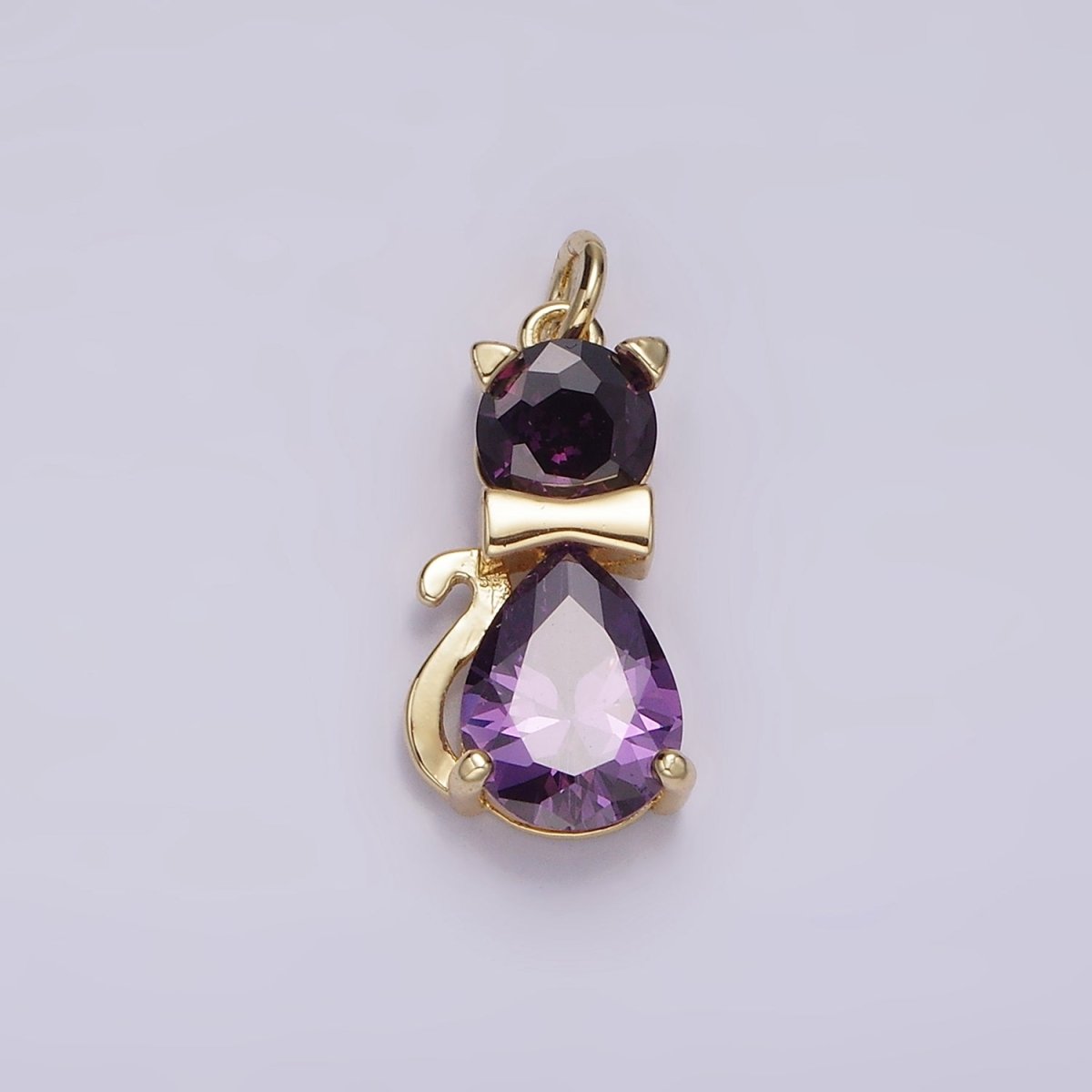 14K Gold Filled Black, Purple CZ Bow-Tied Kitty Cat Animal Charm | AG496 AG497 - DLUXCA