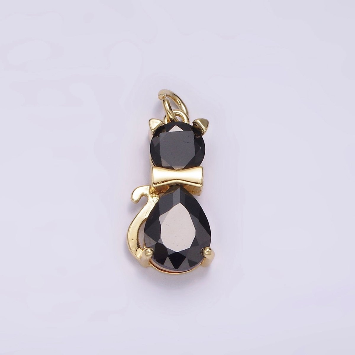 14K Gold Filled Black, Purple CZ Bow-Tied Kitty Cat Animal Charm | AG496 AG497 - DLUXCA