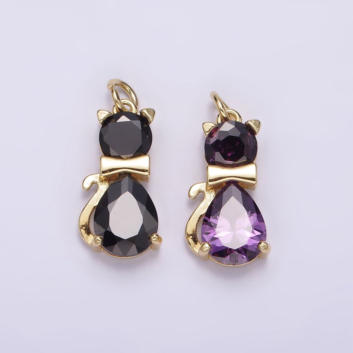 14K Gold Filled Black, Purple CZ Bow-Tied Kitty Cat Animal Charm | AG496 AG497 - DLUXCA