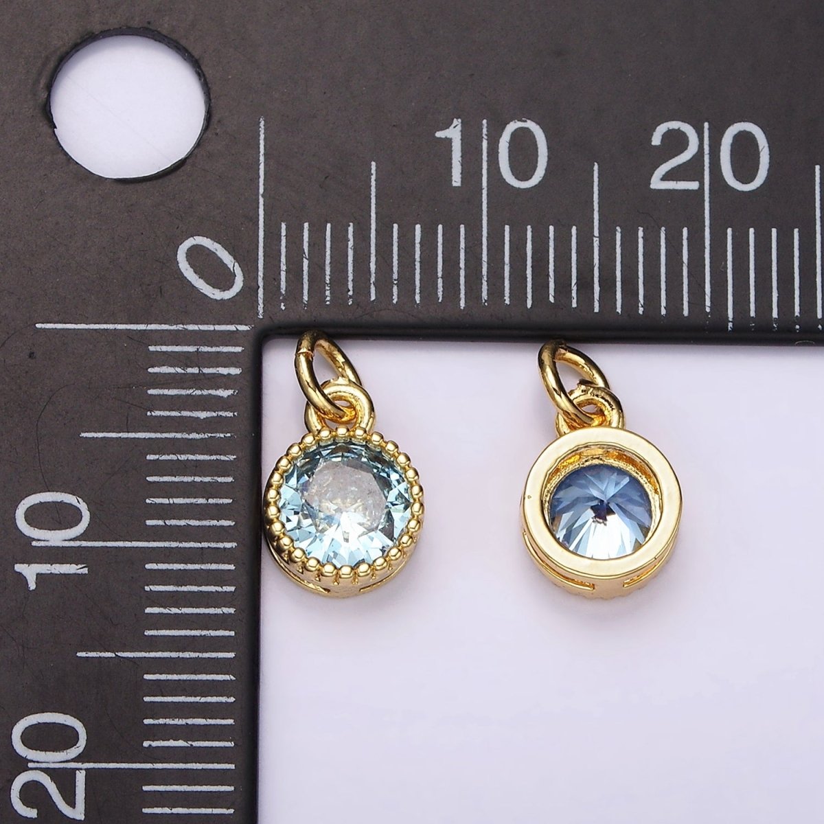 14K Gold Filled Blue, Baby Blue CZ Round Dotted Bezel Add-On Charm | AC915 AC916 - DLUXCA