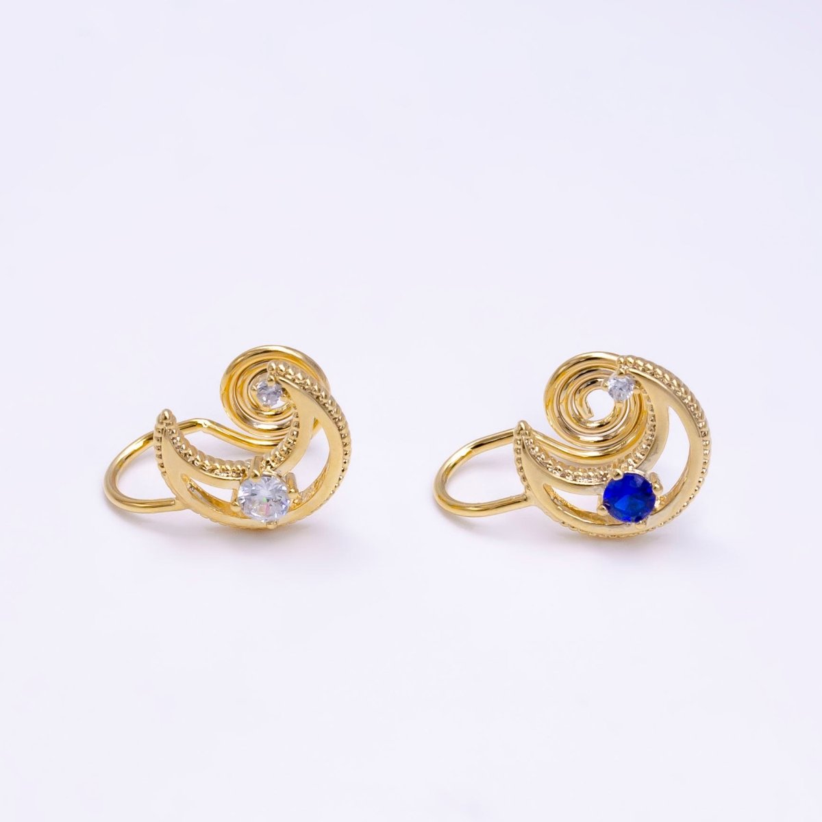 14K Gold Filled Blue, Clear CZ Open Celestial Crescent Moon Beaded Ear Cuff Earrings | AI111 AE112 - DLUXCA