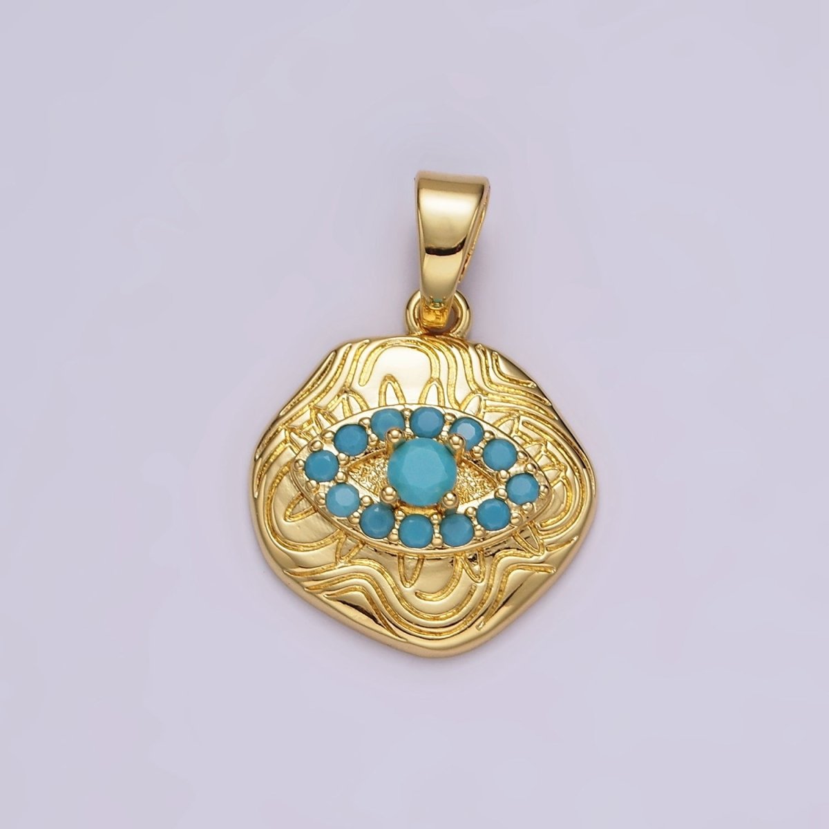 14K Gold Filled Blue, Clear, Fuchsia, Green, Turquoise CZ Evil Eye Artisan Abstract Lined Pendant | AH121 - AH123 - DLUXCA