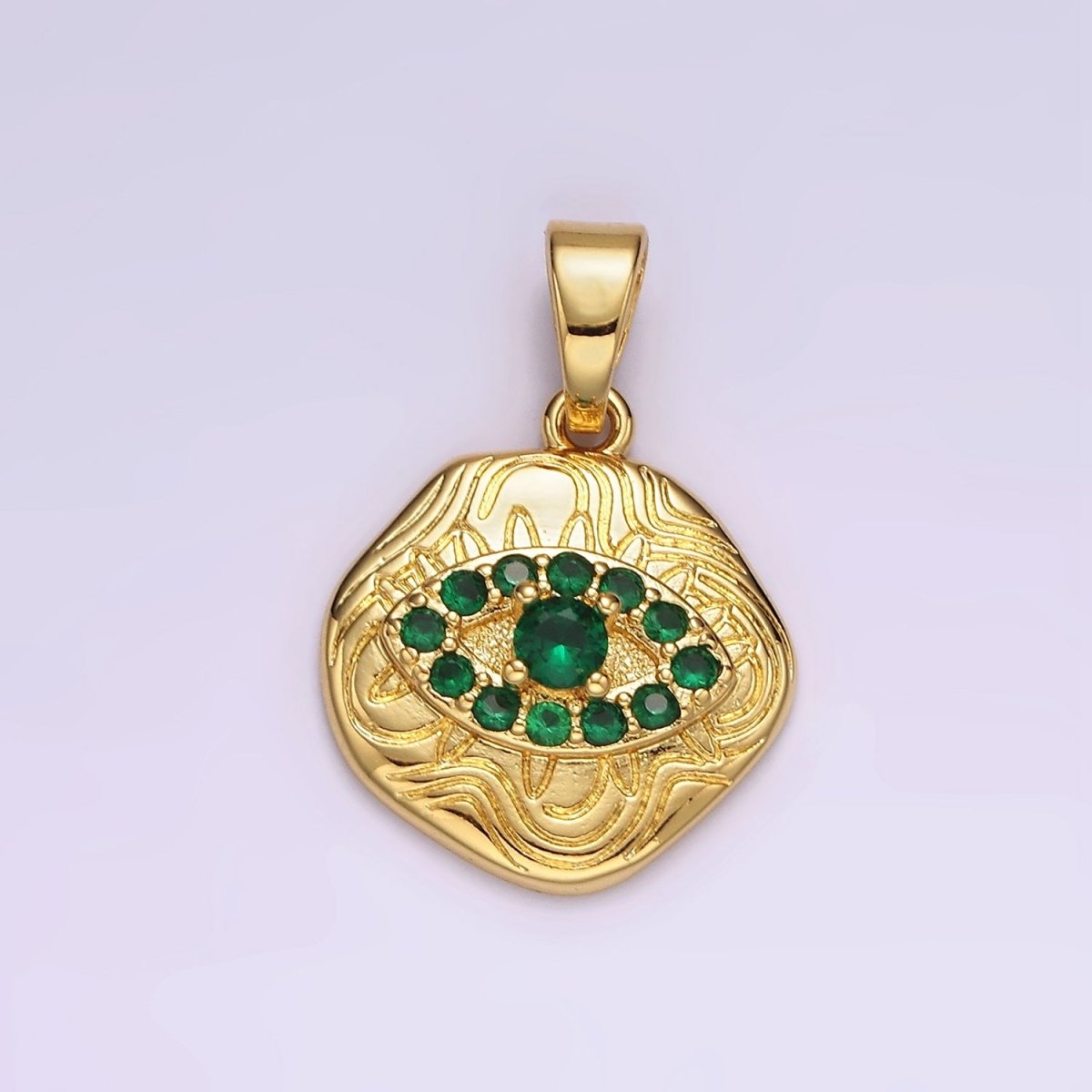 14K Gold Filled Blue, Clear, Fuchsia, Green, Turquoise CZ Evil Eye Artisan Abstract Lined Pendant | AH121 - AH123 - DLUXCA