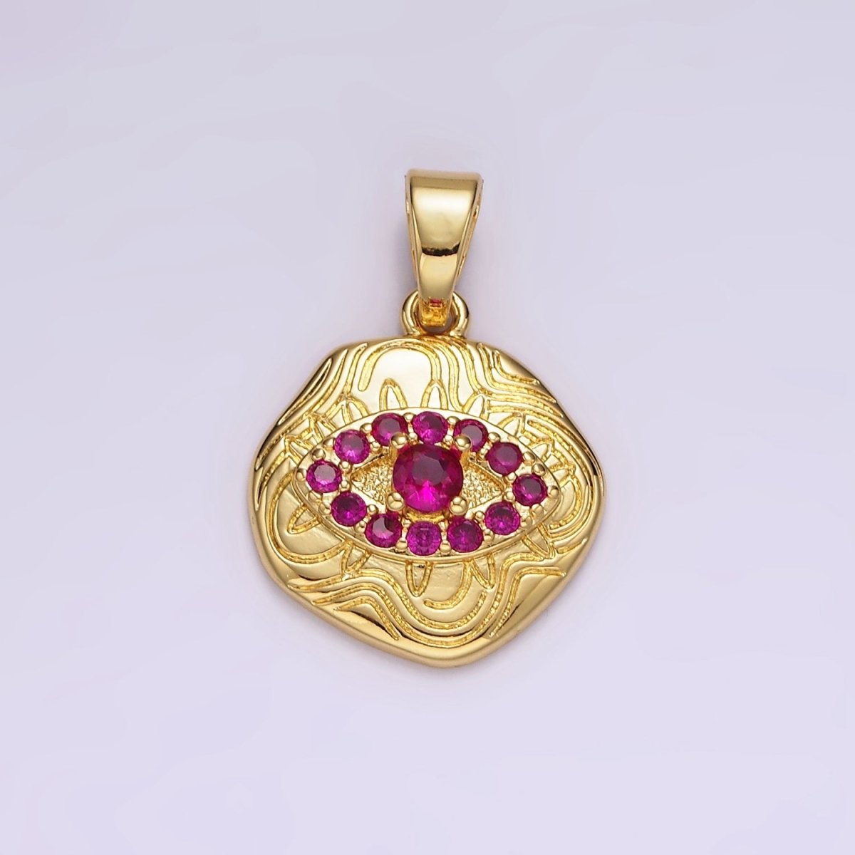 14K Gold Filled Blue, Clear, Fuchsia, Green, Turquoise CZ Evil Eye Artisan Abstract Lined Pendant | AH121 - AH123 - DLUXCA