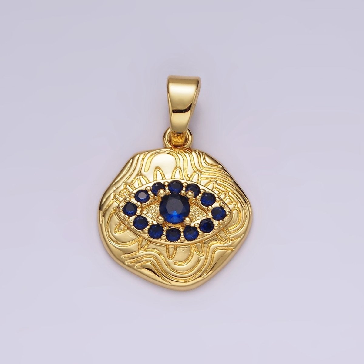 14K Gold Filled Blue, Clear, Fuchsia, Green, Turquoise CZ Evil Eye Artisan Abstract Lined Pendant | AH121 - AH123 - DLUXCA