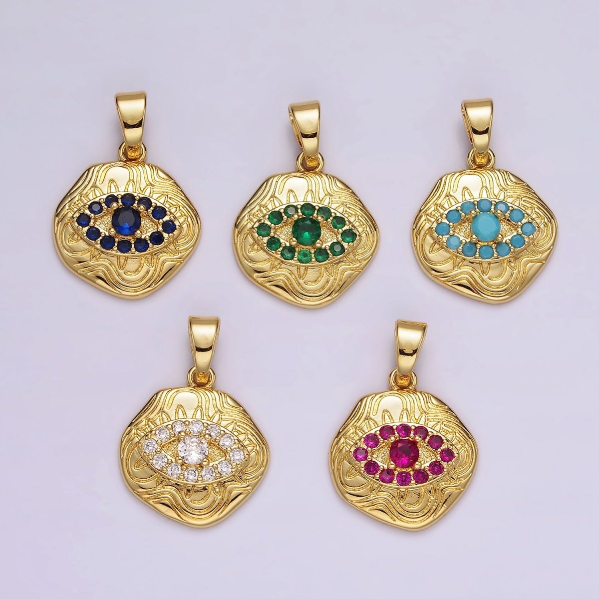 14K Gold Filled Blue, Clear, Fuchsia, Green, Turquoise CZ Evil Eye Artisan Abstract Lined Pendant | AH121 - AH123 - DLUXCA