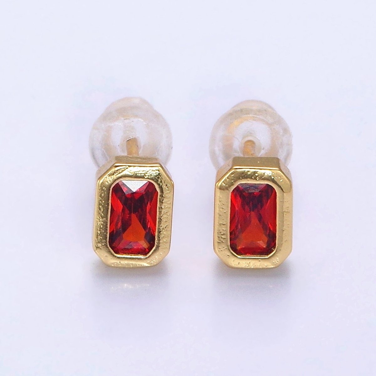 14K Gold Filled Blue, Clear, Fuchsia, Red, Pink Multifaceted Baguette CZ Bezel Stud Earrings | Y-916 ~ Y-820 - DLUXCA
