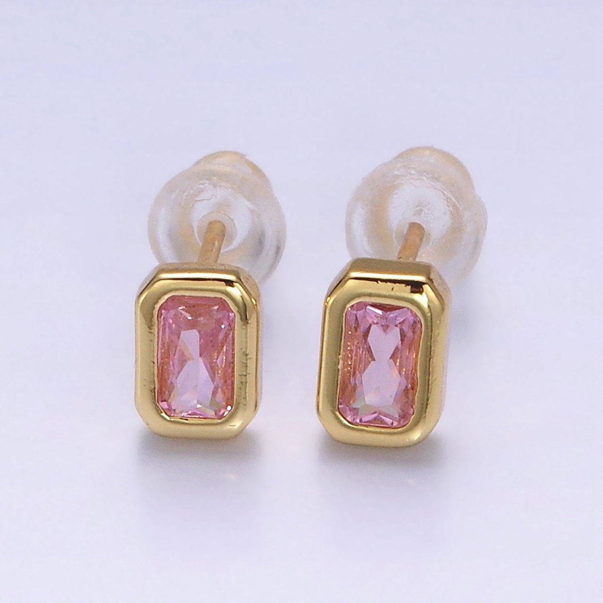 14K Gold Filled Blue, Clear, Fuchsia, Red, Pink Multifaceted Baguette CZ Bezel Stud Earrings | Y-916 ~ Y-820 - DLUXCA