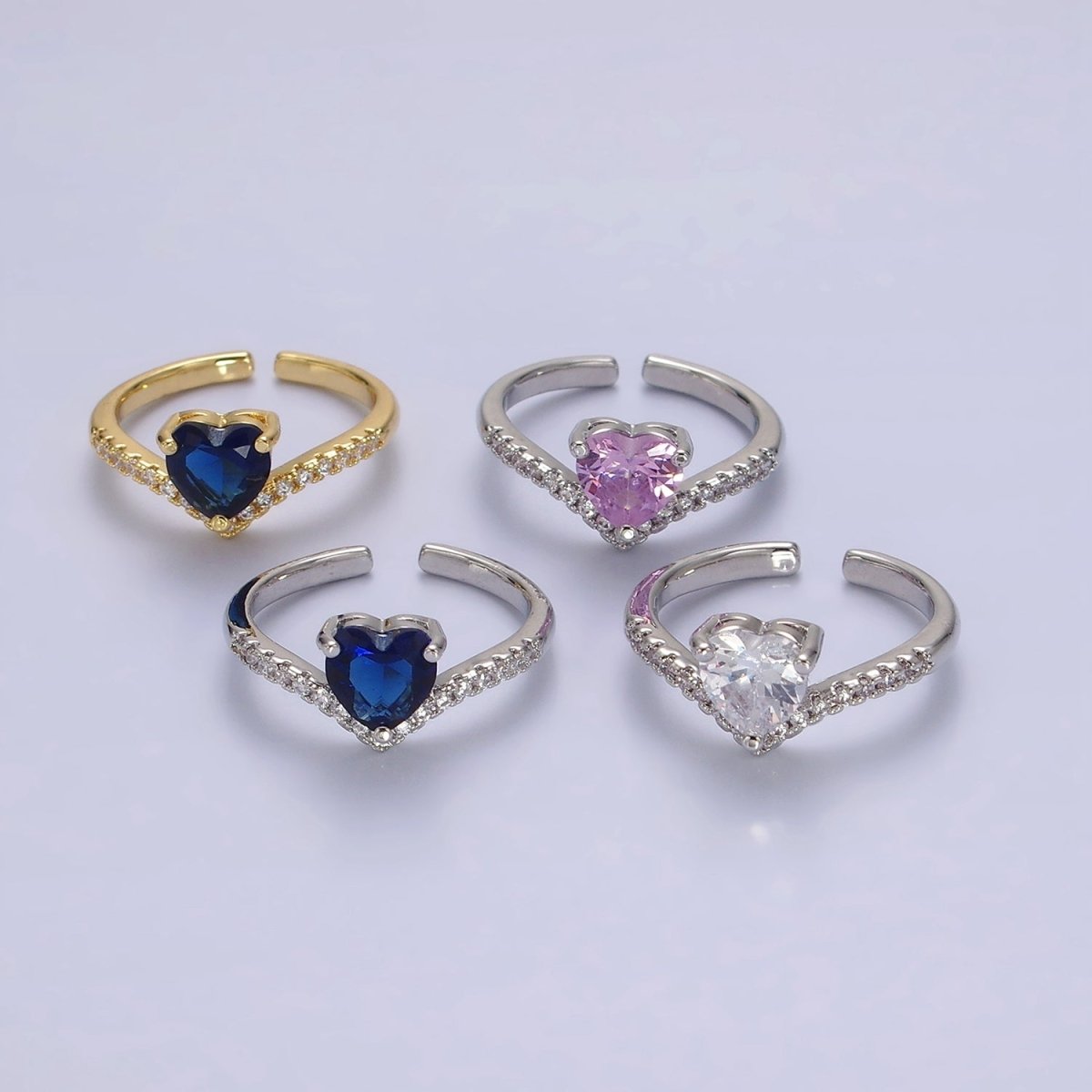 14K Gold Filled Blue, Clear, Pink Heart CZ Micro Paved Chevron Ring in Silver & Gold | O-627 ~ O-630 - DLUXCA