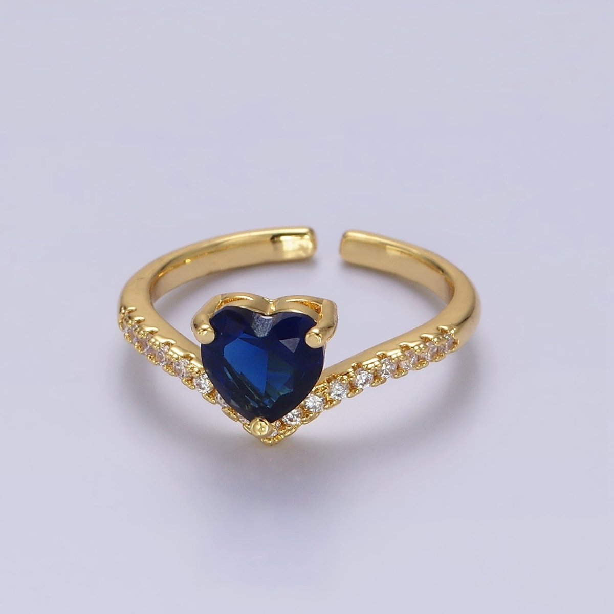 14K Gold Filled Blue, Clear, Pink Heart CZ Micro Paved Chevron Ring in Silver & Gold | O-627 ~ O-630 - DLUXCA