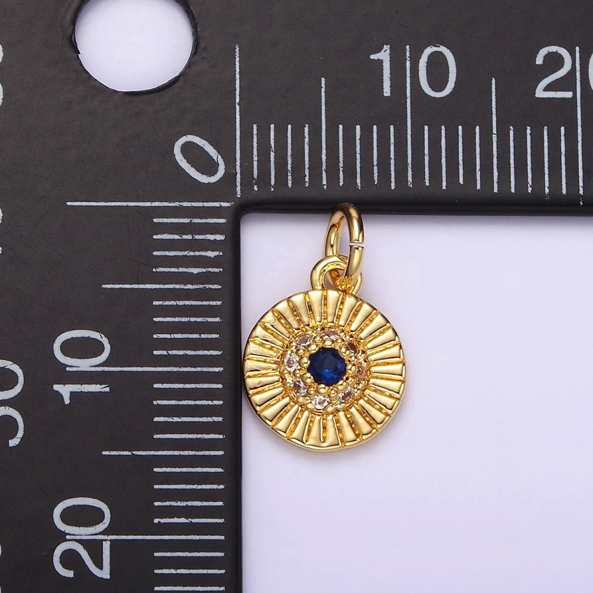 14K Gold Filled Blue CZ Dotted Line-Textured Round 15mm Charm in Silver & Gold | N1157 N1158 - DLUXCA