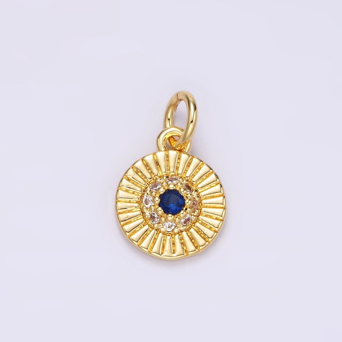 14K Gold Filled Blue CZ Dotted Line-Textured Round 15mm Charm in Silver & Gold | N1157 N1158 - DLUXCA